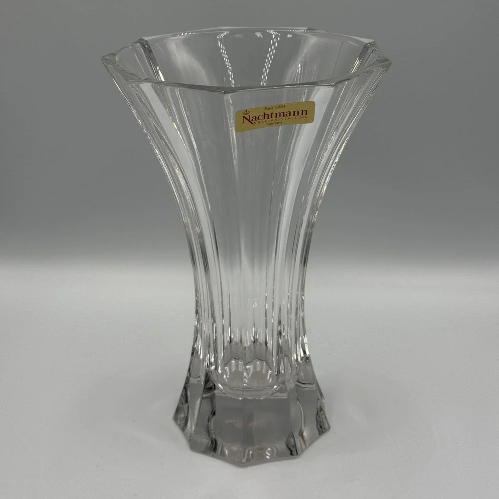 Nachtmann Saphir 24% Lead Crystal Vase 8.5 Inch Flared Paneled Germany